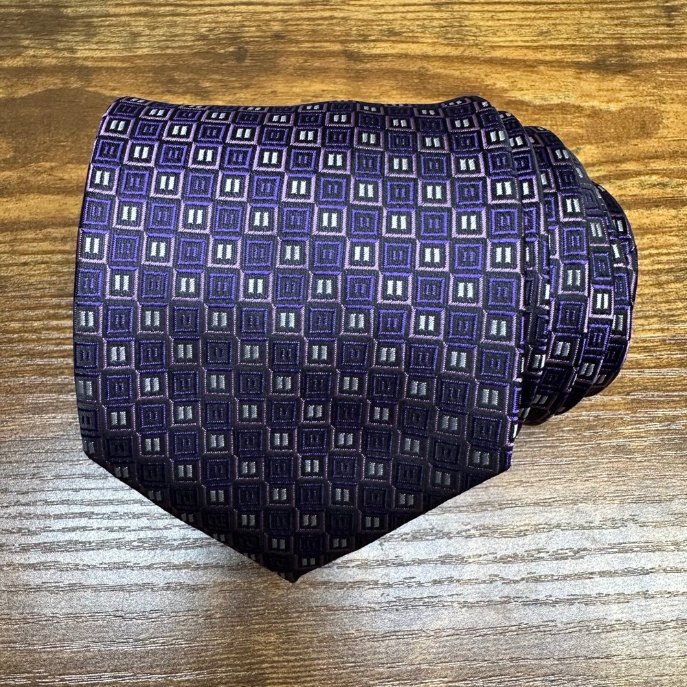 Coogi Mens Necktie Purple Black Silver Geometric‎ Square Pattern Polyester Tie
